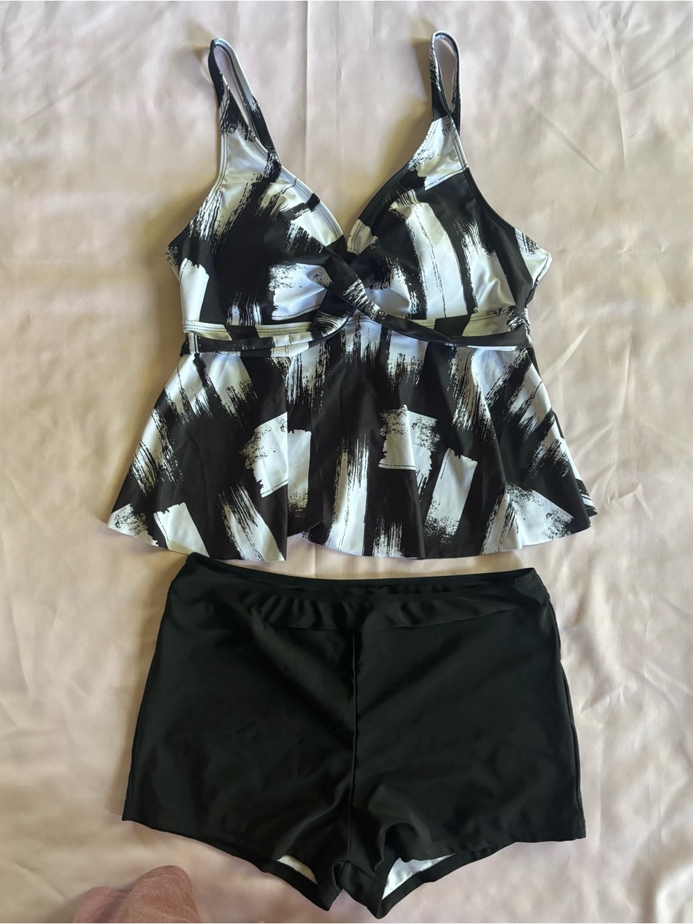 Black & White Brushstroke Tankini with Black Swim Shorts